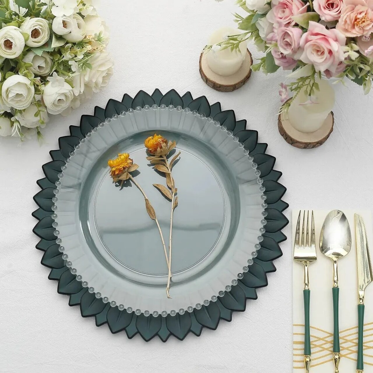 MATTE TEAL 6 Matte 13" Sunflower Design Plastic Dinner CHARGER PLATES